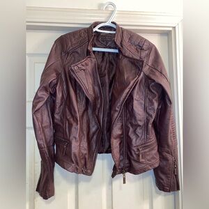 Joujou Dark Purple Faux Leather Biker Jacket Zipper Belted Accents Women’s Large